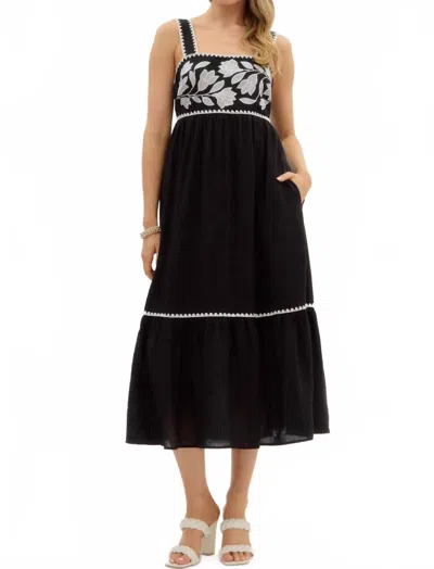 Entro Floral Embroidered Stitch Midi Dress In Black