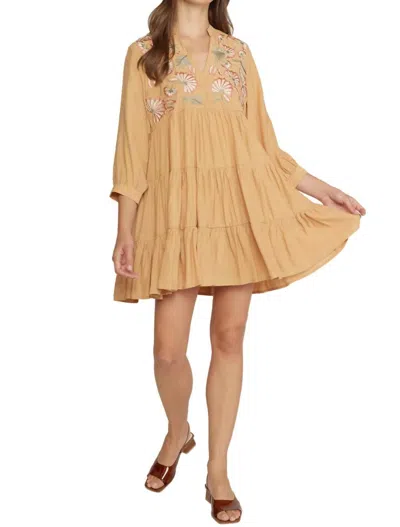 Entro Floral Embroidered Tiered Dress In Butter Rum In Yellow