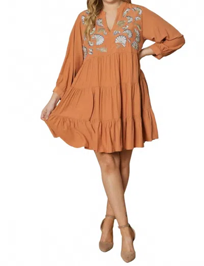 Entro Floral Embroidered Tiered Dress In Terra Cotta In Brown
