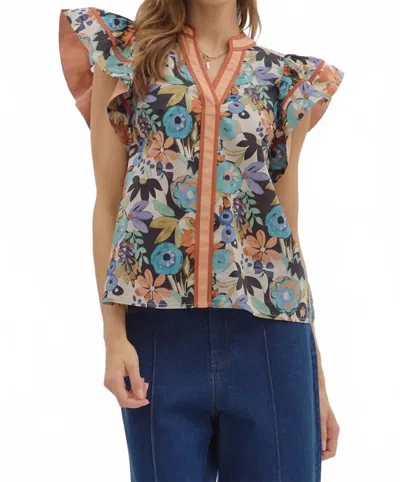 Entro Floral Flutter Ruffle Sleeve Top In Cinnamon Multi