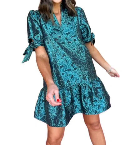 Entro Floral Jacquard Mini Dress In Teal In Blue