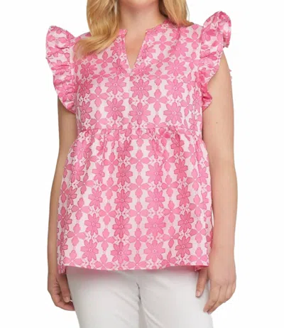 Entro Floral Jacquard Ruffle Top In Pink In Multi