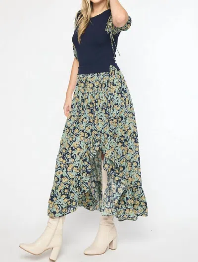 Entro Floral Knitted Maxi Dress In Navy In Blue