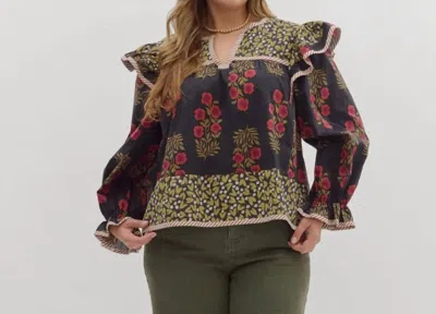 Entro Floral Long Sleeve Top In Black/ Red In Multi