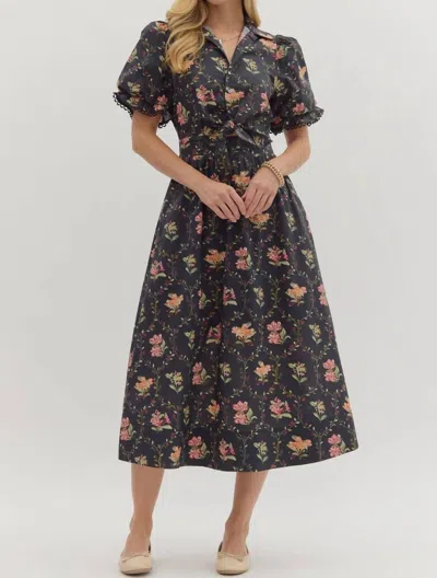 Entro Floral Meadow Midi Dress In Black In Burgundy