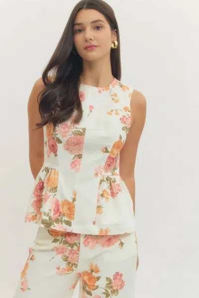 Entro Floral Peplum Top In Peaches And Cream In White