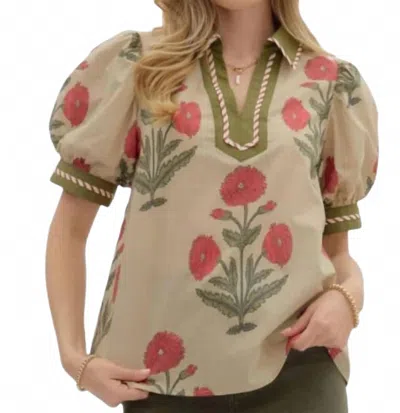 Entro Floral Print Bubble Sleeve Top In Beige Multi