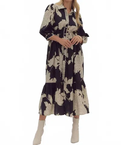 Entro Floral Print Collared Midi Dress In Black/white In Multi