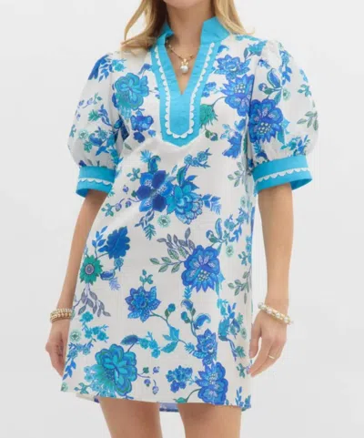 Entro Floral Print Elbow-length Bubble Sleeve Pull-over Mini Dress In Blue
