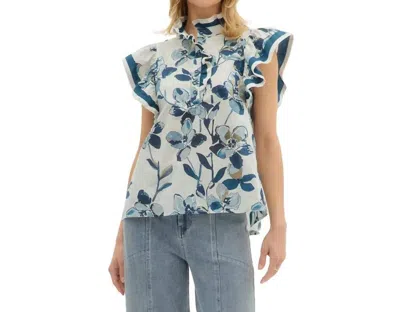 Entro Floral Print Flutter Sleeve High Neck Ruffle Pullover Top In Navy In Blue
