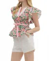 Entro Floral Print Flutter Sleeve Peplum Pullover Top In Pink In Pink