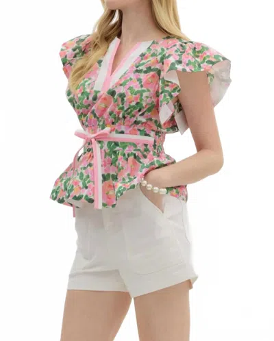 Entro Floral Print Flutter Sleeve Peplum Pullover Top In Pink