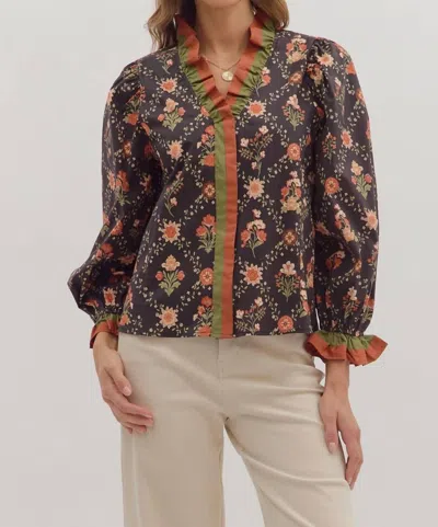 Entro Floral Print Long Sleeve Top With Ruffle Trim In Black Multi