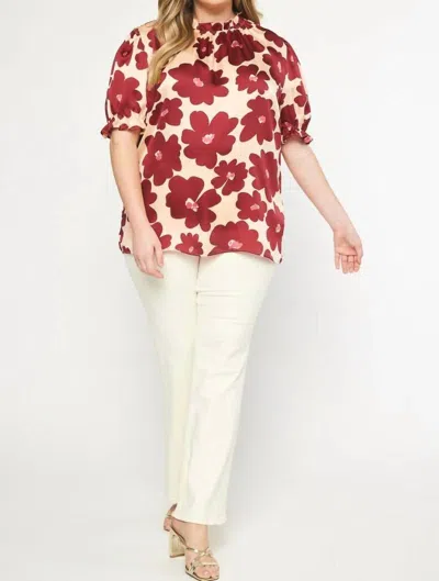 Entro Floral Print Mock Neck Top In Burgundy In White