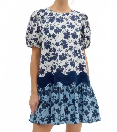 Entro Floral Print Ric Rac Trim Dress In Blue