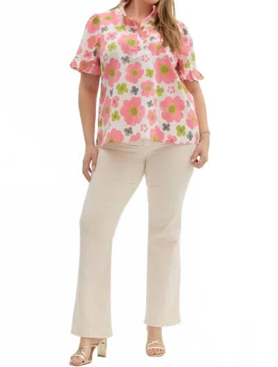 Entro Floral Print Ruffle Edged Short Sleeve Pullover Top In Pink