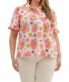 Entro Floral Print Ruffle Edged Short Sleeve Pullover Top In Pink In Pink
