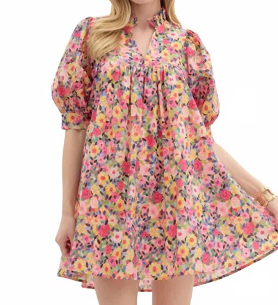 Entro Floral Print Ruffle V-neck Mini Dress In Pink In Multi