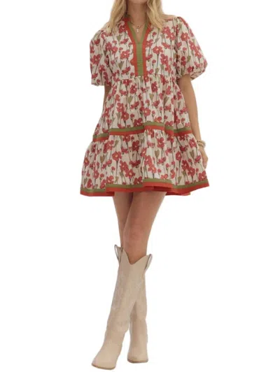 Entro Floral Print Short Bubble Sleeve Mini Dress In Rust In Multi