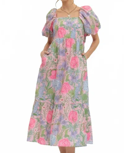 Entro Floral Print Short Puff Sleeve Midi Dress In Pink In Multi