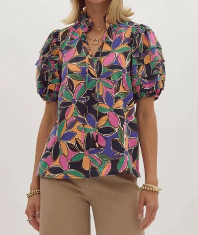 Entro Floral Print Short Sleeve Tiered Detail Blouse In Multicolor