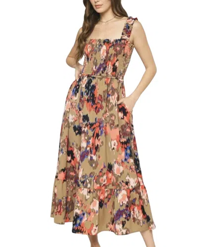 Entro Floral Print Smocked Midi Dress In Taupe In Multi