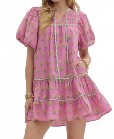 Entro Floral Print Split Neck Dress In Pink