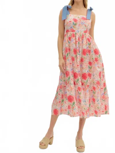 Entro Floral Print Tie Shoulder Midi Dress In Red In Multi