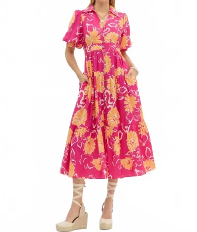 Entro Floral Print Tiered Midi Dress In Hot Pink