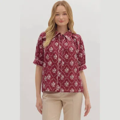 Entro Floral Print Top In Burgundy In Brown
