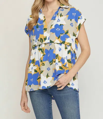 Entro Floral Print V-neck Top In Blue In Multi