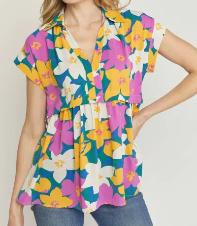 Entro Floral Print V-neck Top In Orchid In Multi