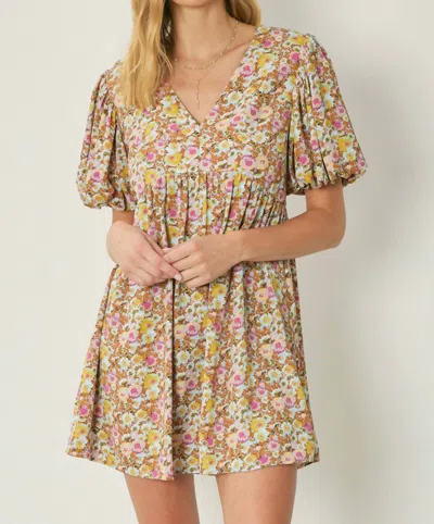 Entro Floral Puff Sleeve Dress In Peach In Pink
