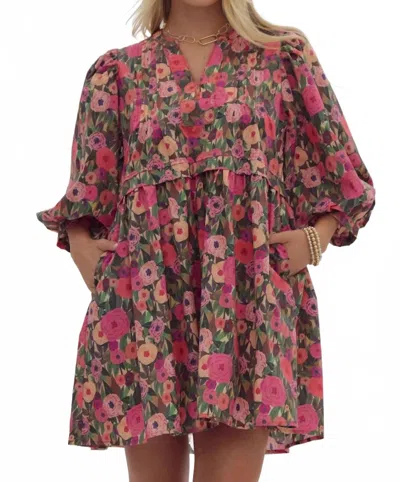 Entro Floral Puff Sleeve Dress In Peony Pink In Multi