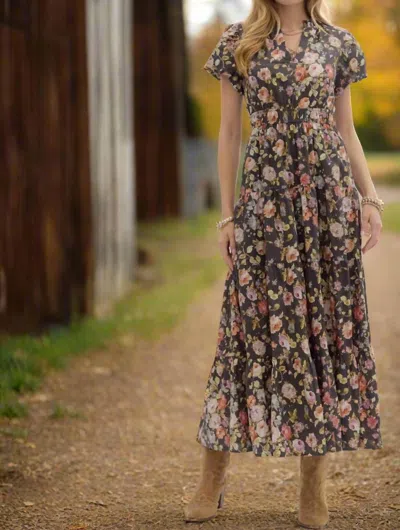 Entro Floral Puff Sleeve Midi Dress In Chocolate In Brown