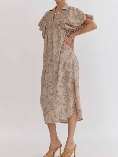 Entro Floral Puff Sleeve Midi Dress In Mocha In Gray