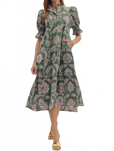 Entro Floral Puff Sleeve Midi Dress In Olive In Green