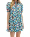 Entro Floral Puff Sleeve Mini Dress With Contrast Trim And Pockets In Blue In Multi