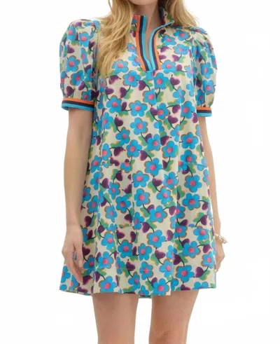 Entro Floral Puff Sleeve Mini Dress With Contrast Trim And Pockets In Blue In Multi