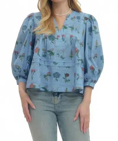 Entro Floral Puff Sleeve Top In Chambray Blue