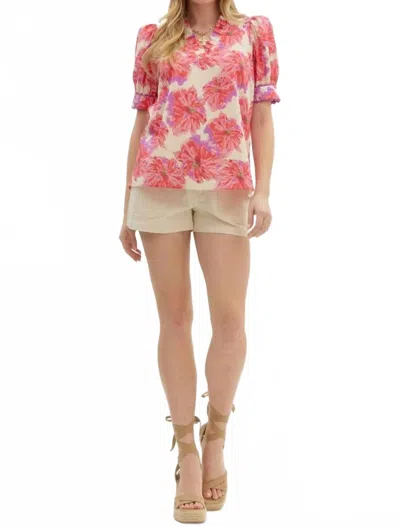 Entro Floral Puff Sleeve Top In Red/cream In White
