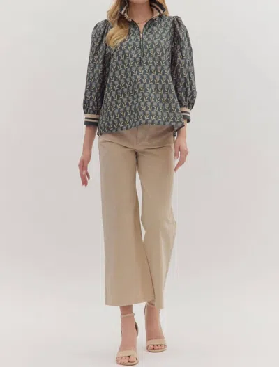 Entro Floral Puff Sleeve Zip Top In Midnight In Gray