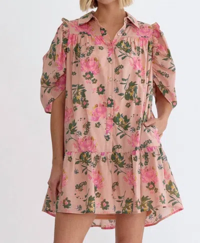 Entro Floral Ruffle Detail Mini Dress In Peach In Pink
