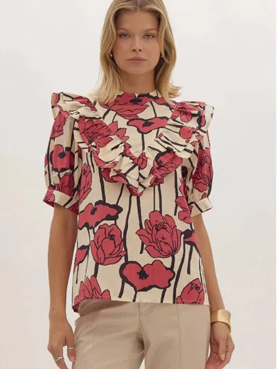 Entro Floral Ruffle Mock Neck Top In Red In Multi