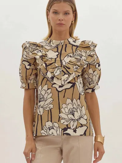 Entro Floral Ruffle Mock Neck Top In Taupe In Brown