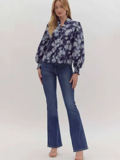 Entro Floral Ruffle Neck Blouse In Blue
