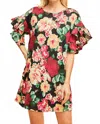 Entro Floral Ruffle Sleeve Mini Dress In Black In Multi