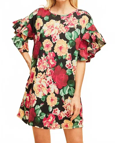 Entro Floral Ruffle Sleeve Mini Dress In Black In Multi