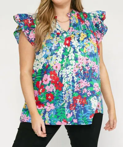 Entro Floral Ruffle Sleeve Top - Plus In Navy In Multi