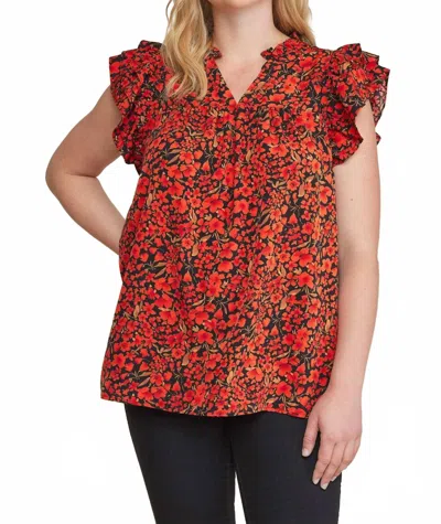 Entro Floral Ruffle Sleeve Top In Black